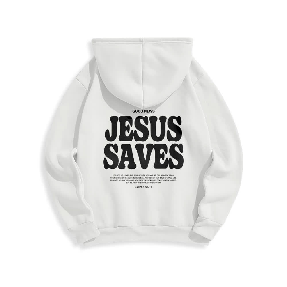 Christianartworkshop Sudadera con capucha blanca de poliéster forrada de felpa con el lema "Jesús salva" (Jesús salva) - image 1