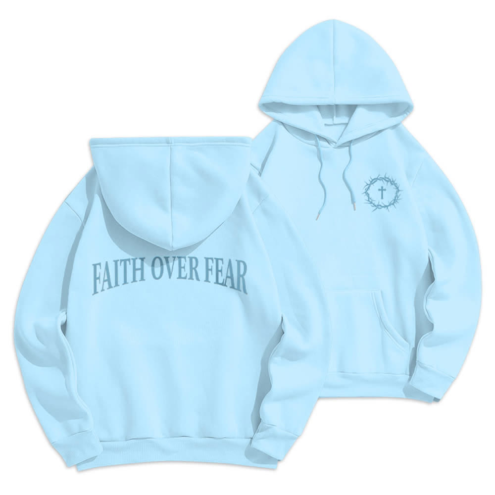 Christianartworkshop Sudadera con capucha de poliéster forrada de felpa con diseño de cruz de espinas y la frase "Fe sobre el miedo" - Azul - 2XL - image 15