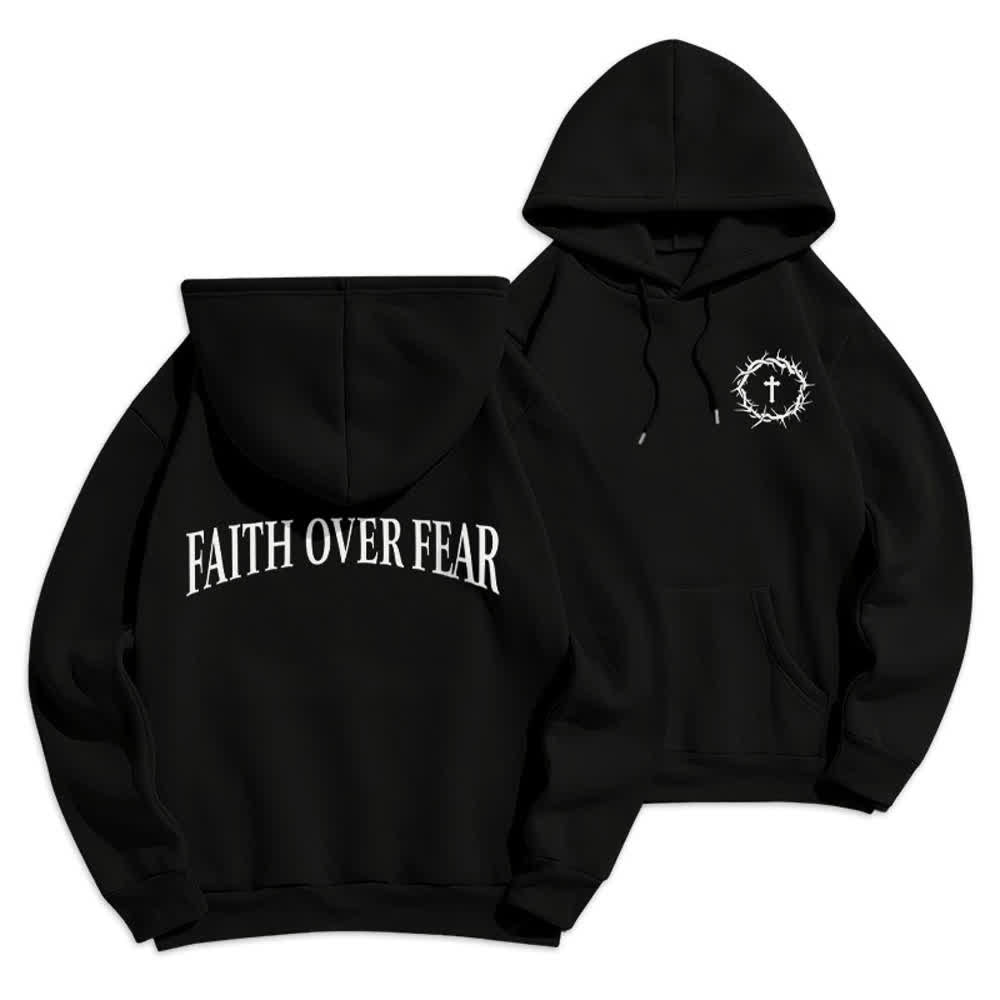 Christianartworkshop Sudadera con capucha de poliéster forrada de felpa con diseño de cruz de espinas y la frase "Fe sobre el miedo" - Negro - 2XL - image 6
