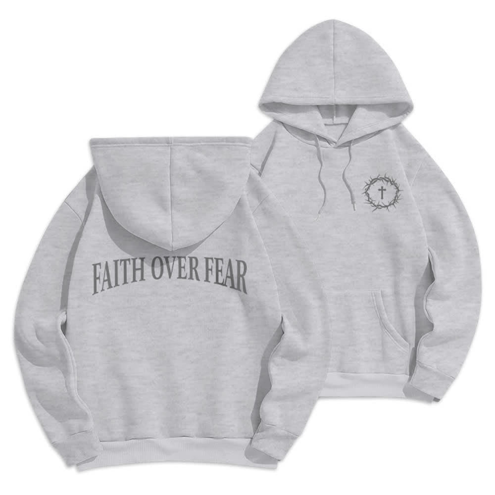 Christianartworkshop Sudadera con capucha de poliéster forrada de felpa con diseño de cruz de espinas y la frase "Fe sobre el miedo" - Gris - 2XL - image 12