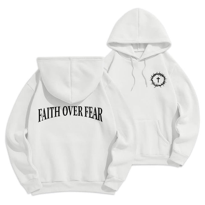 Christianartworkshop Sudadera con capucha de poliéster forrada de felpa con diseño de cruz de espinas y la frase "Fe sobre el miedo" - Blanco - 2XL - image 9