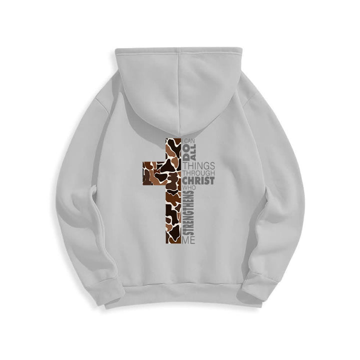 Christianartworkshop Sudadera con capucha de poliéster forrada de felpa con detalle de cruz en tonos tierra, estilo streetwear. - image 4