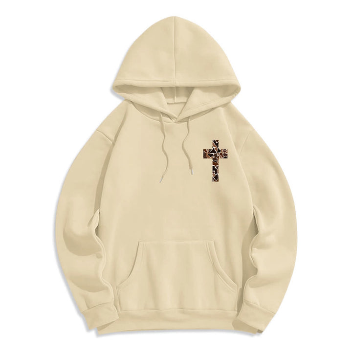 Christianartworkshop Sudadera con capucha de poliéster forrada de felpa con detalle de cruz en tonos tierra, estilo streetwear. - image 11