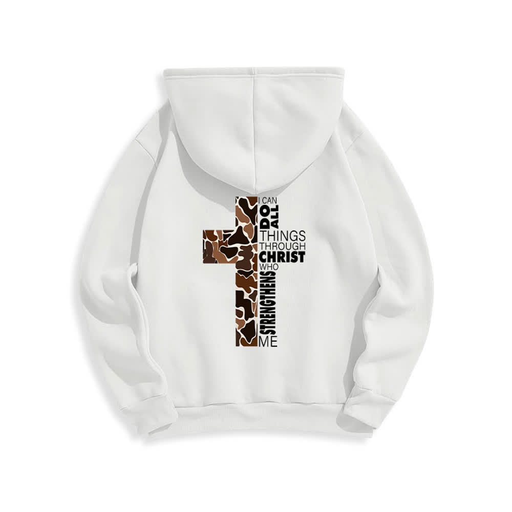 Christianartworkshop Sudadera con capucha de poliéster forrada de felpa con detalle de cruz en tonos tierra, estilo streetwear. - image 1
