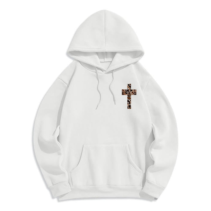 Christianartworkshop Sudadera con capucha de poliéster forrada de felpa con detalle de cruz en tonos tierra, estilo streetwear. - image 2