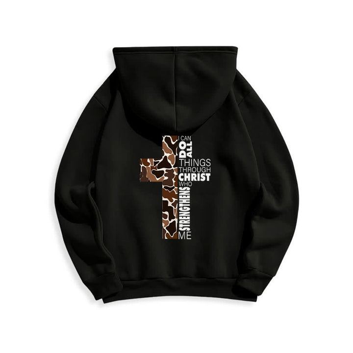 Christianartworkshop Sudadera con capucha de poliéster forrada de felpa con detalle de cruz en tonos tierra, estilo streetwear. - image 7