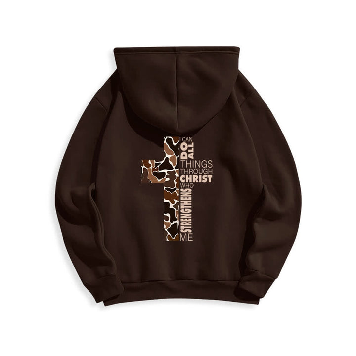 Christianartworkshop Sudadera con capucha de poliéster forrada de felpa con detalle de cruz en tonos tierra, estilo streetwear. - image 19