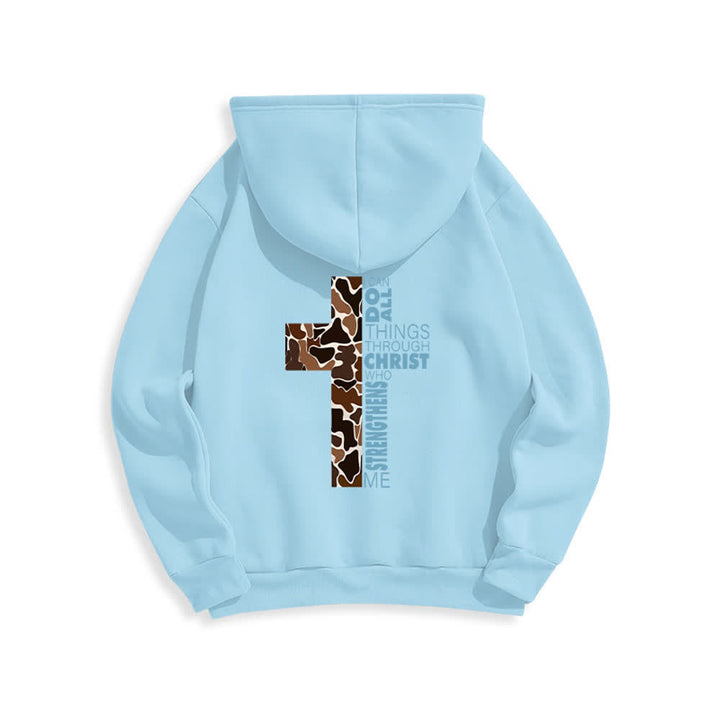 Christianartworkshop Sudadera con capucha de poliéster forrada de felpa con detalle de cruz en tonos tierra, estilo streetwear. - image 13