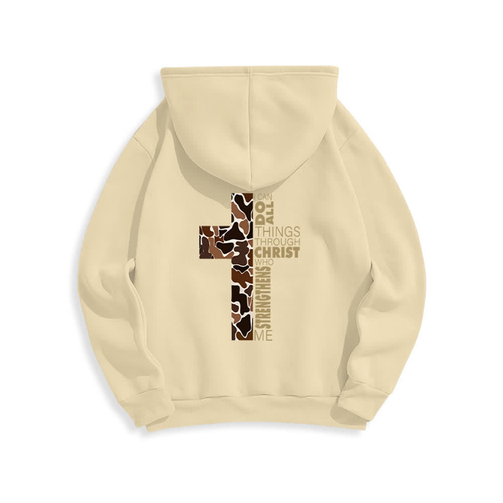 Christianartworkshop Sudadera con capucha de poliéster forrada de felpa con detalle de cruz en tonos tierra, estilo streetwear. - image 10