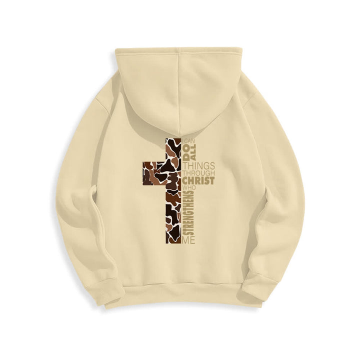 Christianartworkshop Sudadera con capucha de poliéster forrada de felpa con detalle de cruz en tonos tierra, estilo streetwear. - image 10
