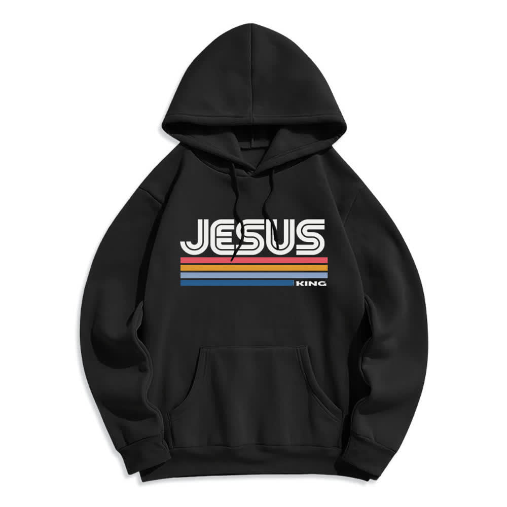Christianartworkshop Sudadera con capucha de poliéster forrada de felpa con rayas retro de Jesus King - Negro - 2XL - image 2