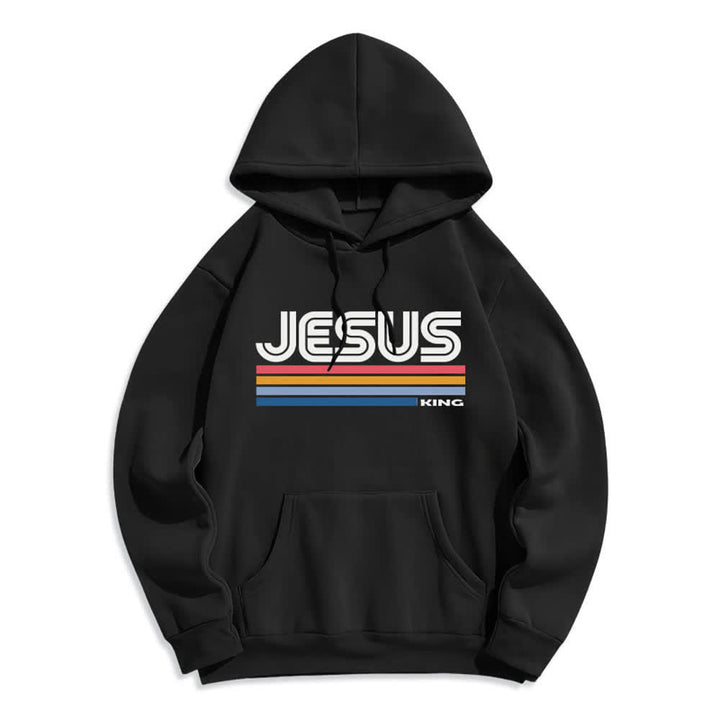 Christianartworkshop Sudadera con capucha de poliéster forrada de felpa con rayas retro de Jesus King - Negro - 2XL - image 2