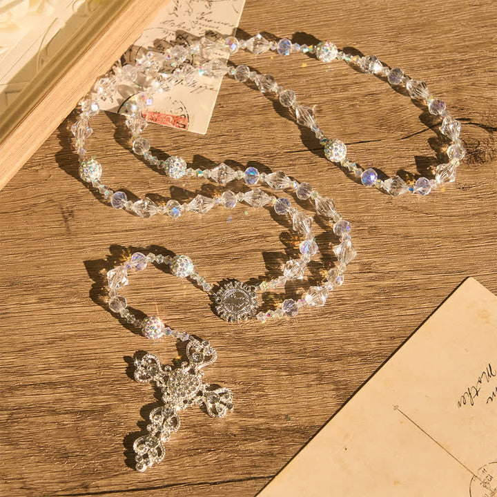 Christianartworkshop Rosario de San Benito de cristal facetado transparente con crucifijo ornamentado de diamantes de imitación: emblema de radiante pureza celestial. - image 1