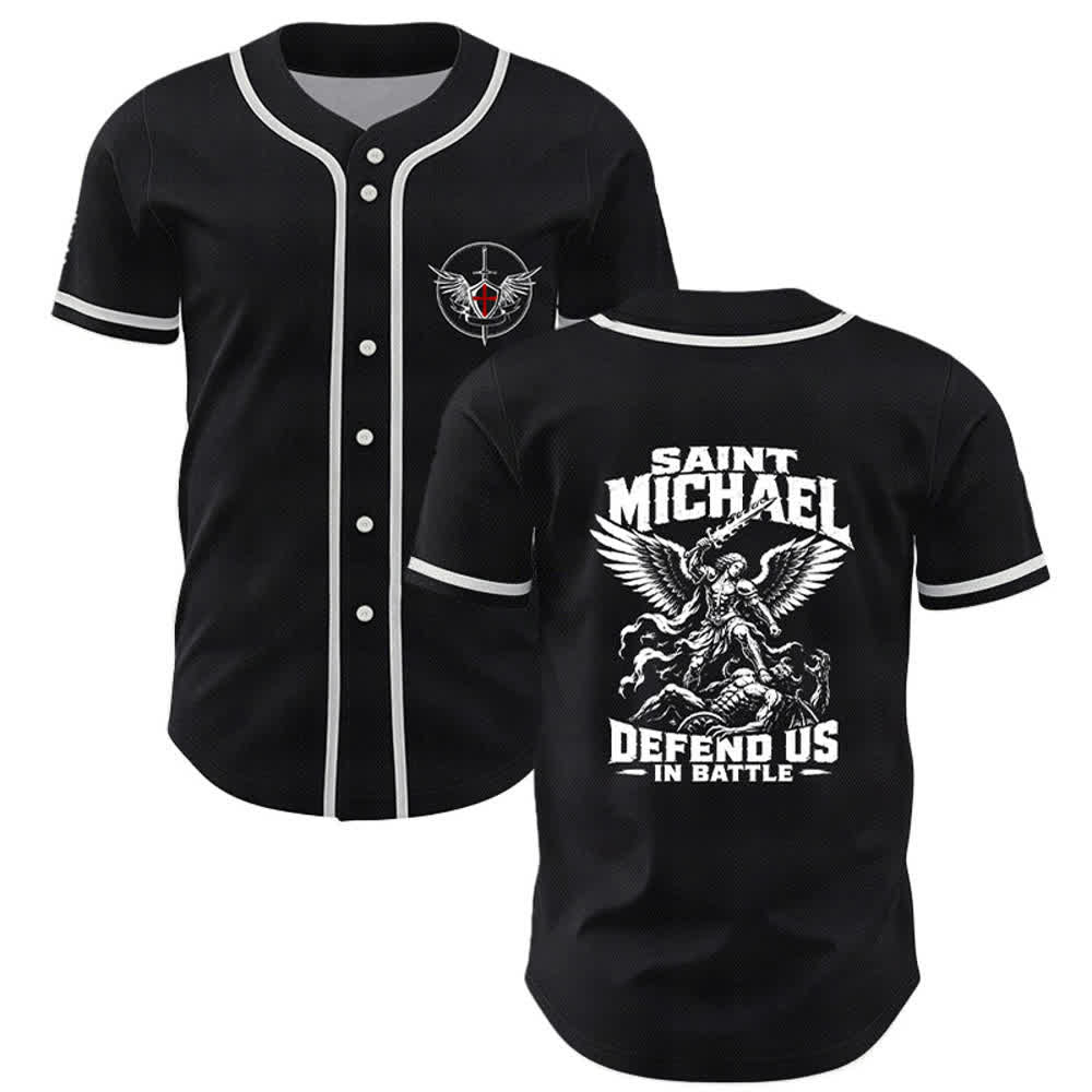 Christianartworkshop Camiseta de béisbol de San Miguel Defiéndenos en la batalla - Negro - 5XL - image 0