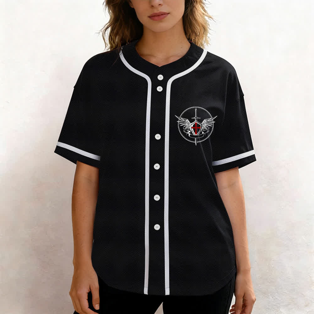 Christianartworkshop Camiseta de béisbol de San Miguel Defiéndenos en la batalla - image 4