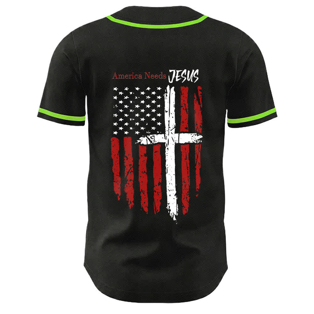 Christianartworkshop Camiseta de béisbol con botones y bandera desgastada "America Needs Jesus" - image 36