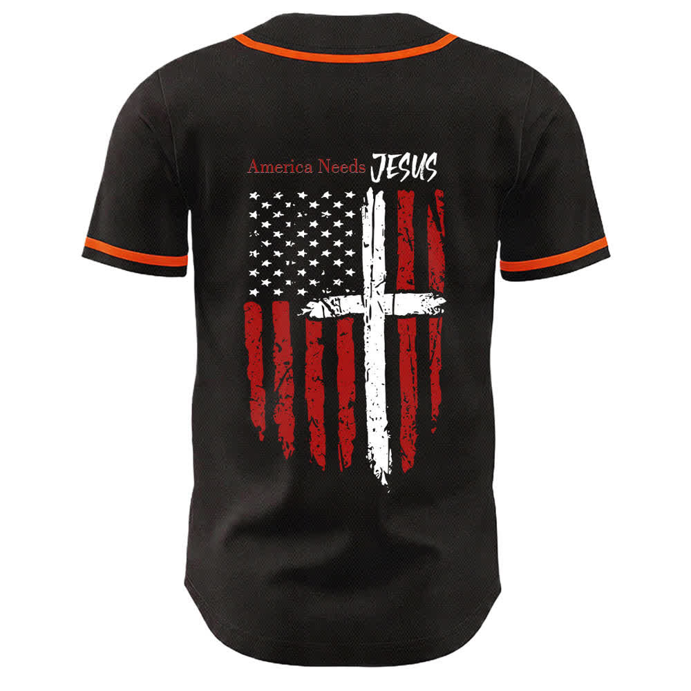 Christianartworkshop Camiseta de béisbol con botones y bandera desgastada "America Needs Jesus" - image 22