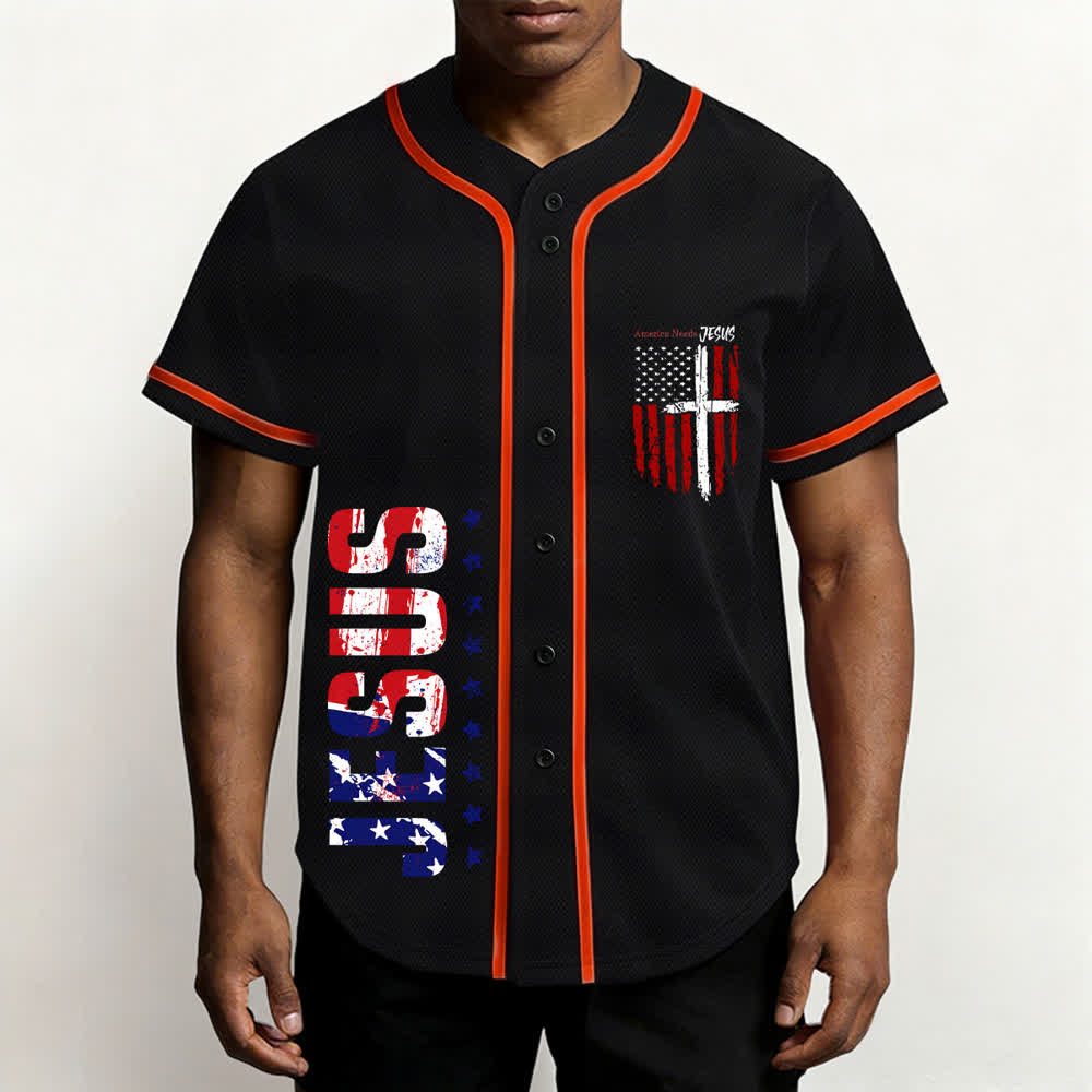 Christianartworkshop Camiseta de béisbol con botones y bandera desgastada "America Needs Jesus" - image 27