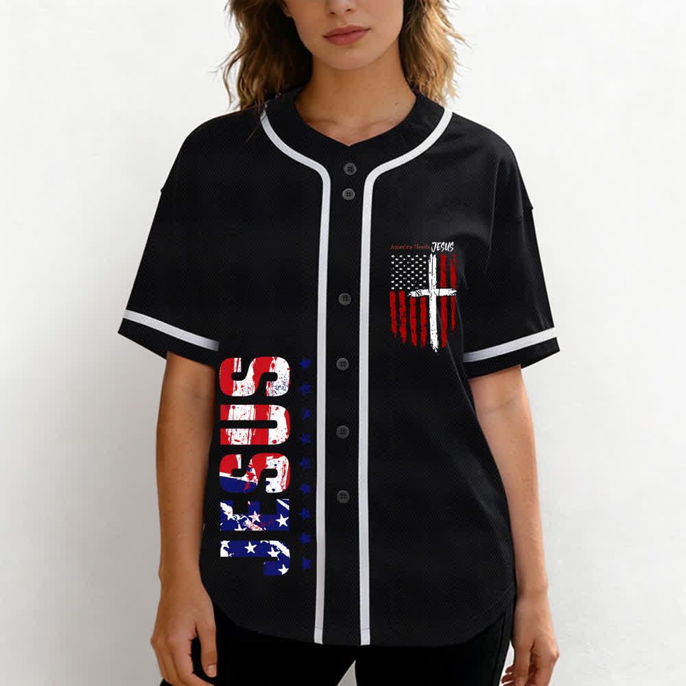 Christianartworkshop Camiseta de béisbol con botones y bandera desgastada "America Needs Jesus" - image 11
