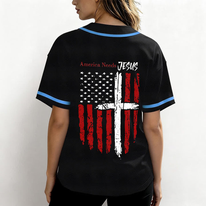 Christianartworkshop Camiseta de béisbol con botones y bandera desgastada "America Needs Jesus" - image 31