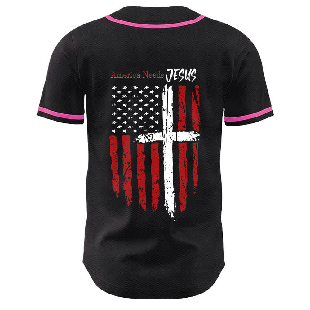 Christianartworkshop Camiseta de béisbol con botones y bandera desgastada "America Needs Jesus" - image 50