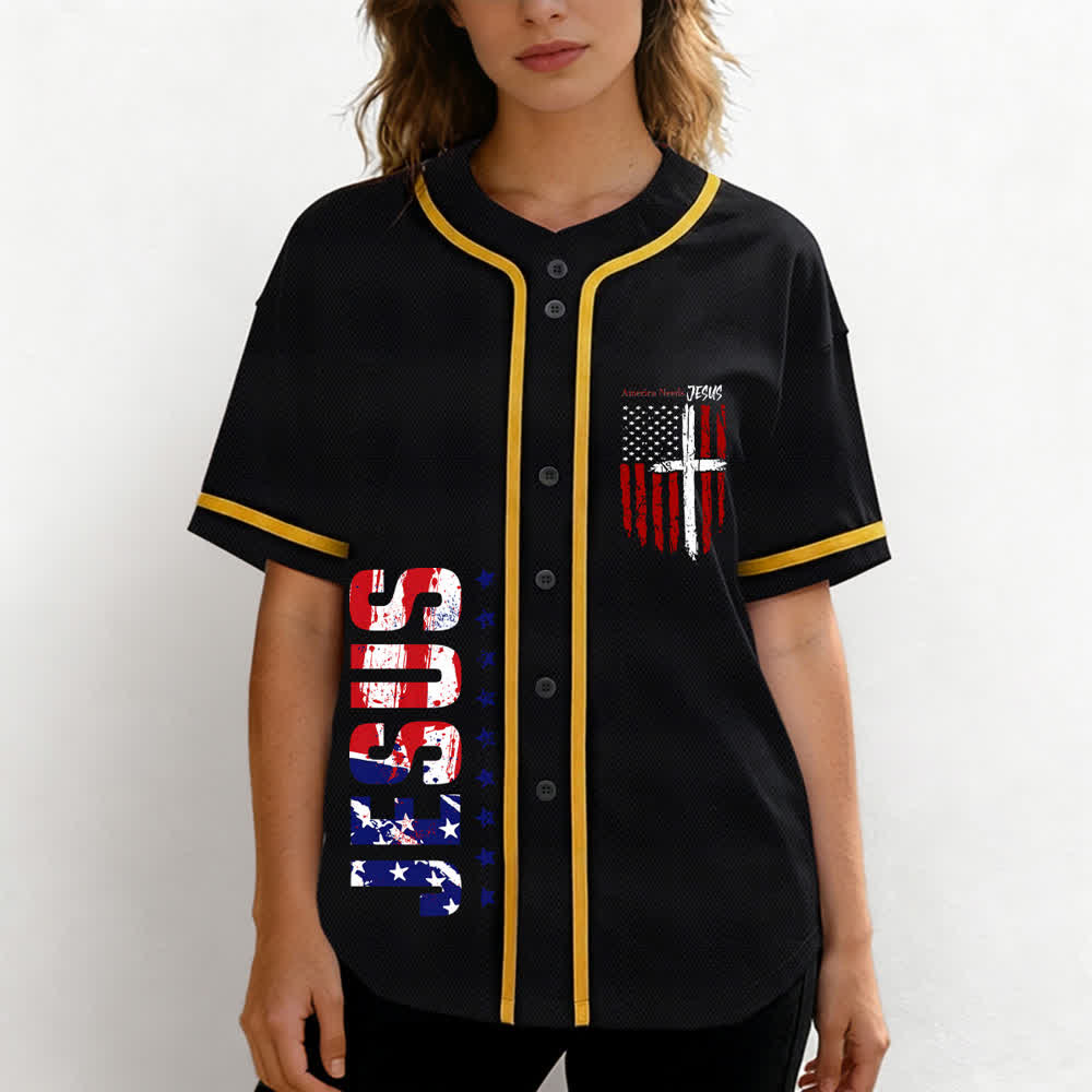 Christianartworkshop Camiseta de béisbol con botones y bandera desgastada "America Needs Jesus" - image 4
