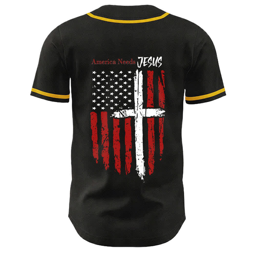 Christianartworkshop Camiseta de béisbol con botones y bandera desgastada "America Needs Jesus" - image 1