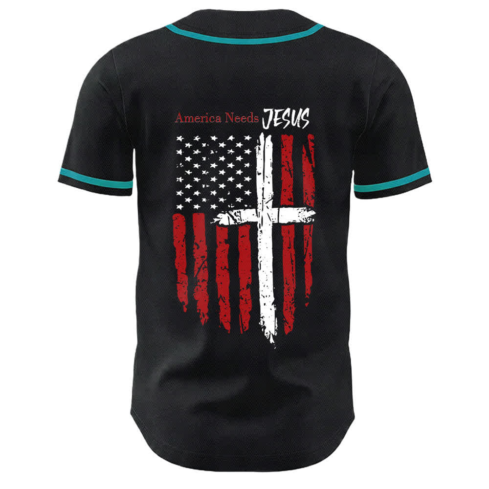 Christianartworkshop Camiseta de béisbol con botones y bandera desgastada "America Needs Jesus" - image 43