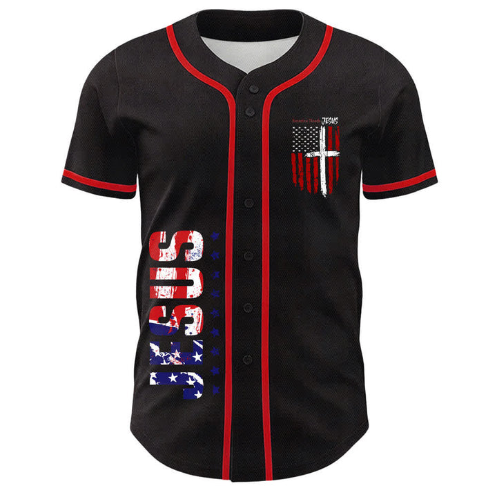 Christianartworkshop Camiseta de béisbol con botones y bandera desgastada "America Needs Jesus" - image 16
