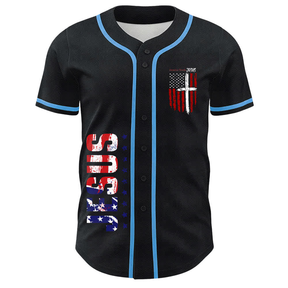 Christianartworkshop Camiseta de béisbol con botones y bandera desgastada "America Needs Jesus" - image 30