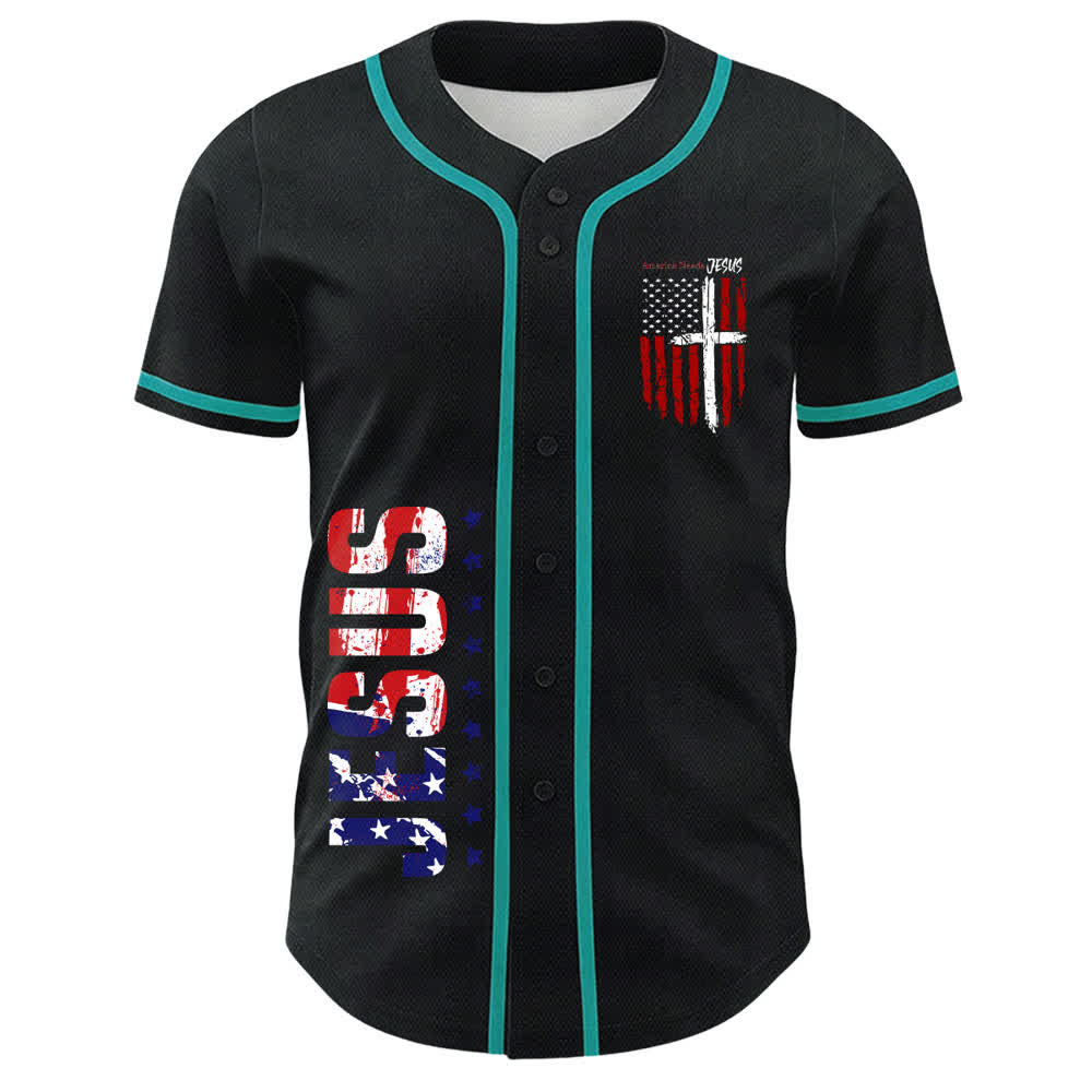 Christianartworkshop Camiseta de béisbol con botones y bandera desgastada "America Needs Jesus" - image 44