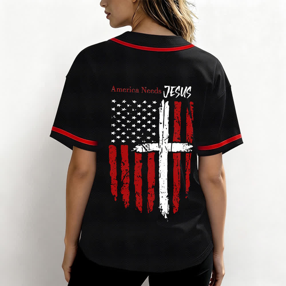 Christianartworkshop Camiseta de béisbol con botones y bandera desgastada "America Needs Jesus" - image 17
