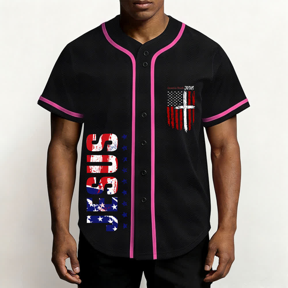 Christianartworkshop Camiseta de béisbol con botones y bandera desgastada "America Needs Jesus" - image 55
