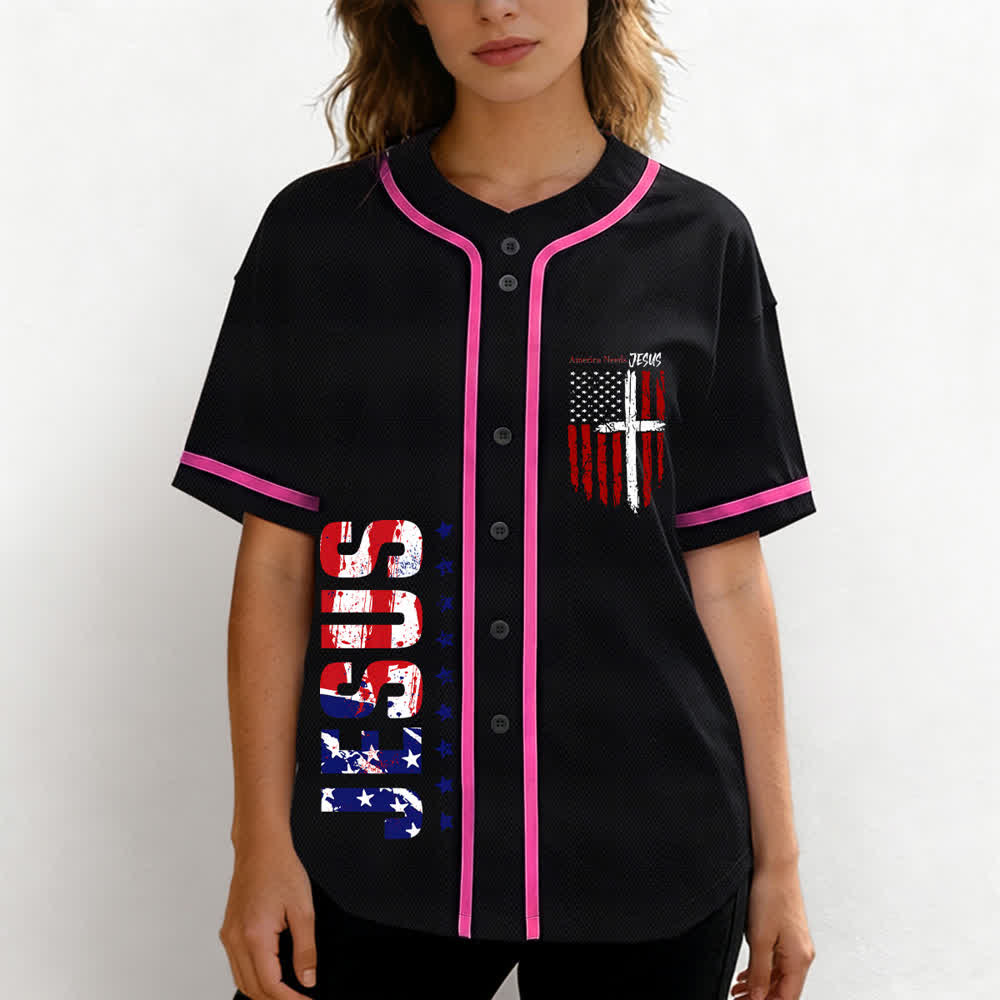 Christianartworkshop Camiseta de béisbol con botones y bandera desgastada "America Needs Jesus" - image 53