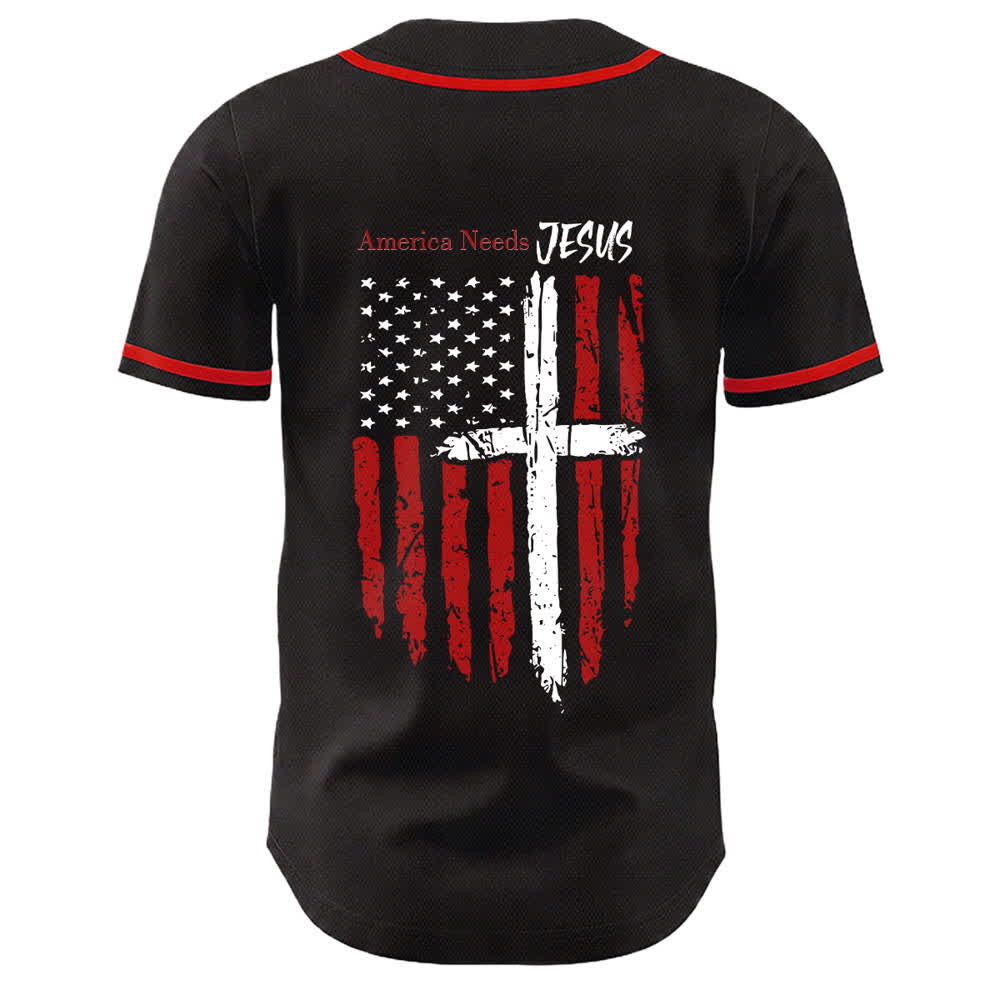 Christianartworkshop Camiseta de béisbol con botones y bandera desgastada "America Needs Jesus" - image 15