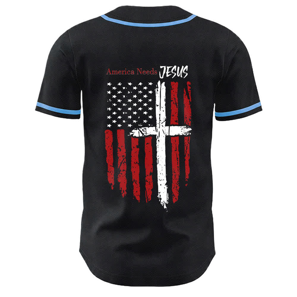 Christianartworkshop Camiseta de béisbol con botones y bandera desgastada "America Needs Jesus" - image 29