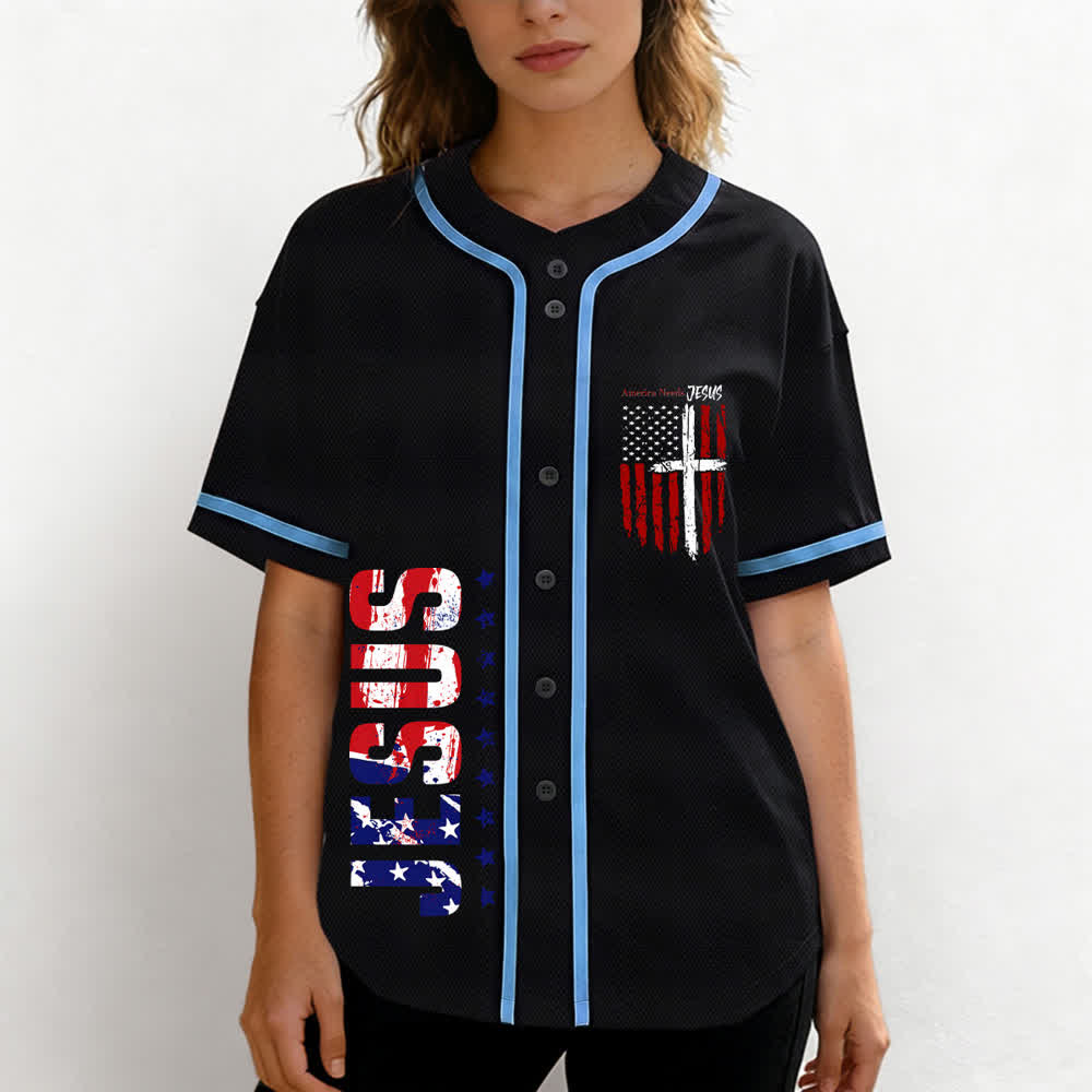 Christianartworkshop Camiseta de béisbol con botones y bandera desgastada "America Needs Jesus" - image 32