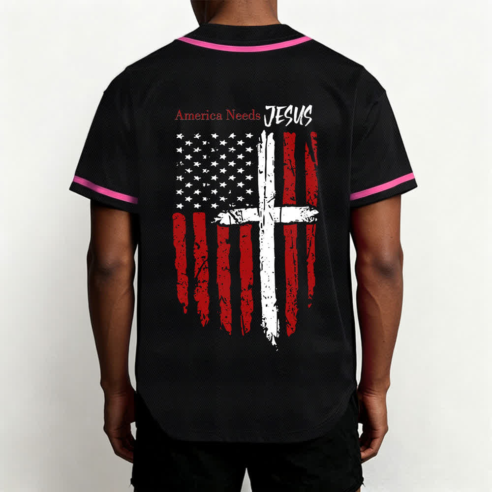 Christianartworkshop Camiseta de béisbol con botones y bandera desgastada "America Needs Jesus" - image 54