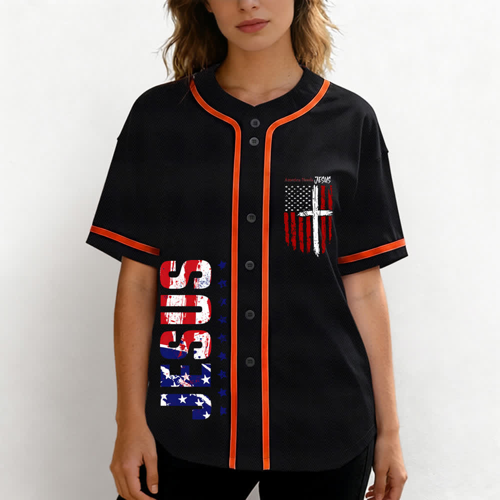 Christianartworkshop Camiseta de béisbol con botones y bandera desgastada "America Needs Jesus" - image 25