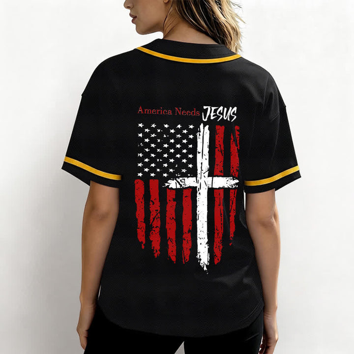 Christianartworkshop Camiseta de béisbol con botones y bandera desgastada "America Needs Jesus" - image 3