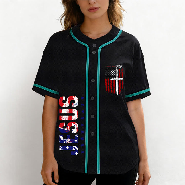 Christianartworkshop Camiseta de béisbol con botones y bandera desgastada "America Needs Jesus" - image 46