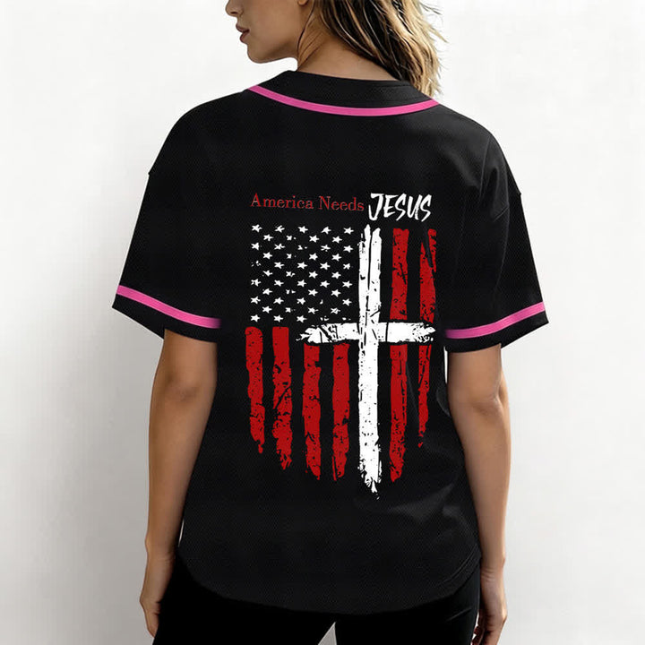 Christianartworkshop Camiseta de béisbol con botones y bandera desgastada "America Needs Jesus" - image 52