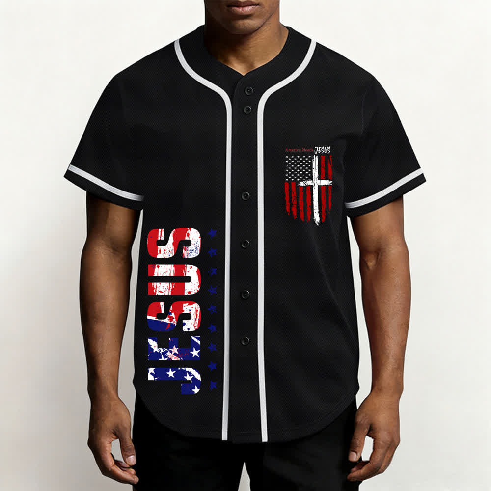 Christianartworkshop Camiseta de béisbol con botones y bandera desgastada "America Needs Jesus" - image 13