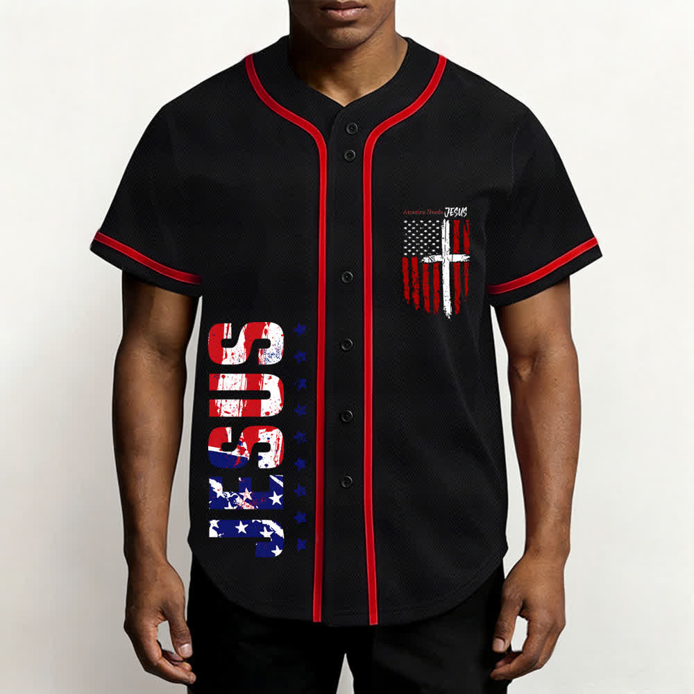 Christianartworkshop Camiseta de béisbol con botones y bandera desgastada "America Needs Jesus" - image 20