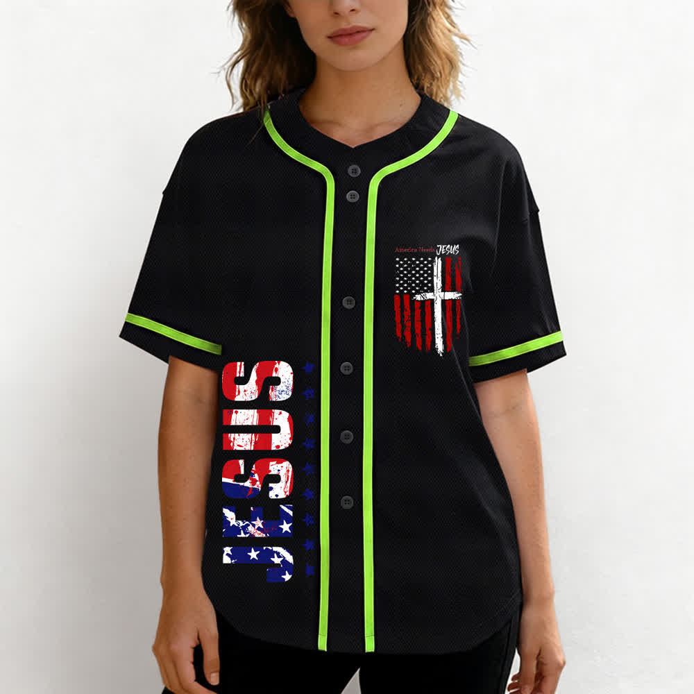 Christianartworkshop Camiseta de béisbol con botones y bandera desgastada "America Needs Jesus" - image 39