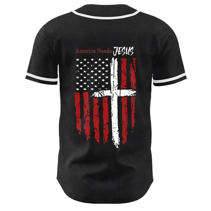 Christianartworkshop Camiseta de béisbol con botones y bandera desgastada "America Needs Jesus" - image 8