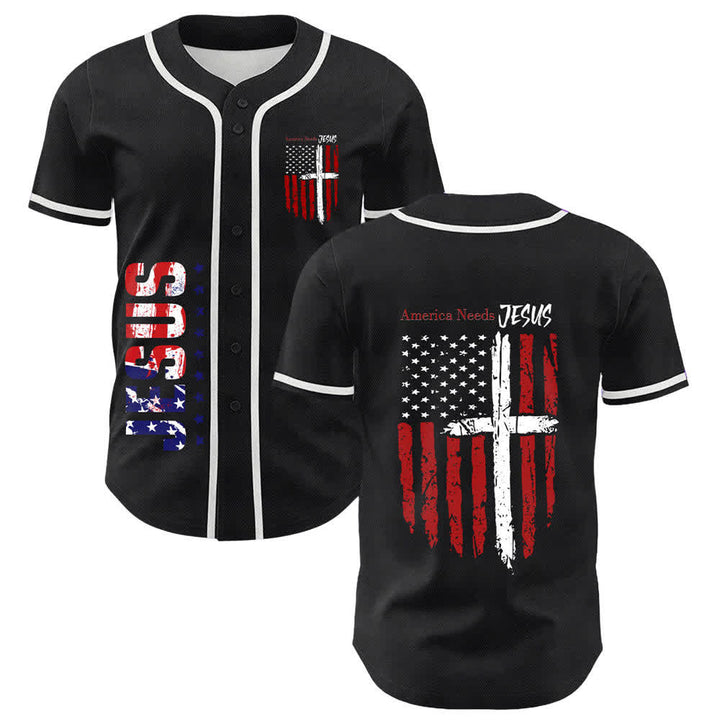 Christianartworkshop Camiseta de béisbol con botones y bandera desgastada "America Needs Jesus" - Púrpura - 5XL - image 7