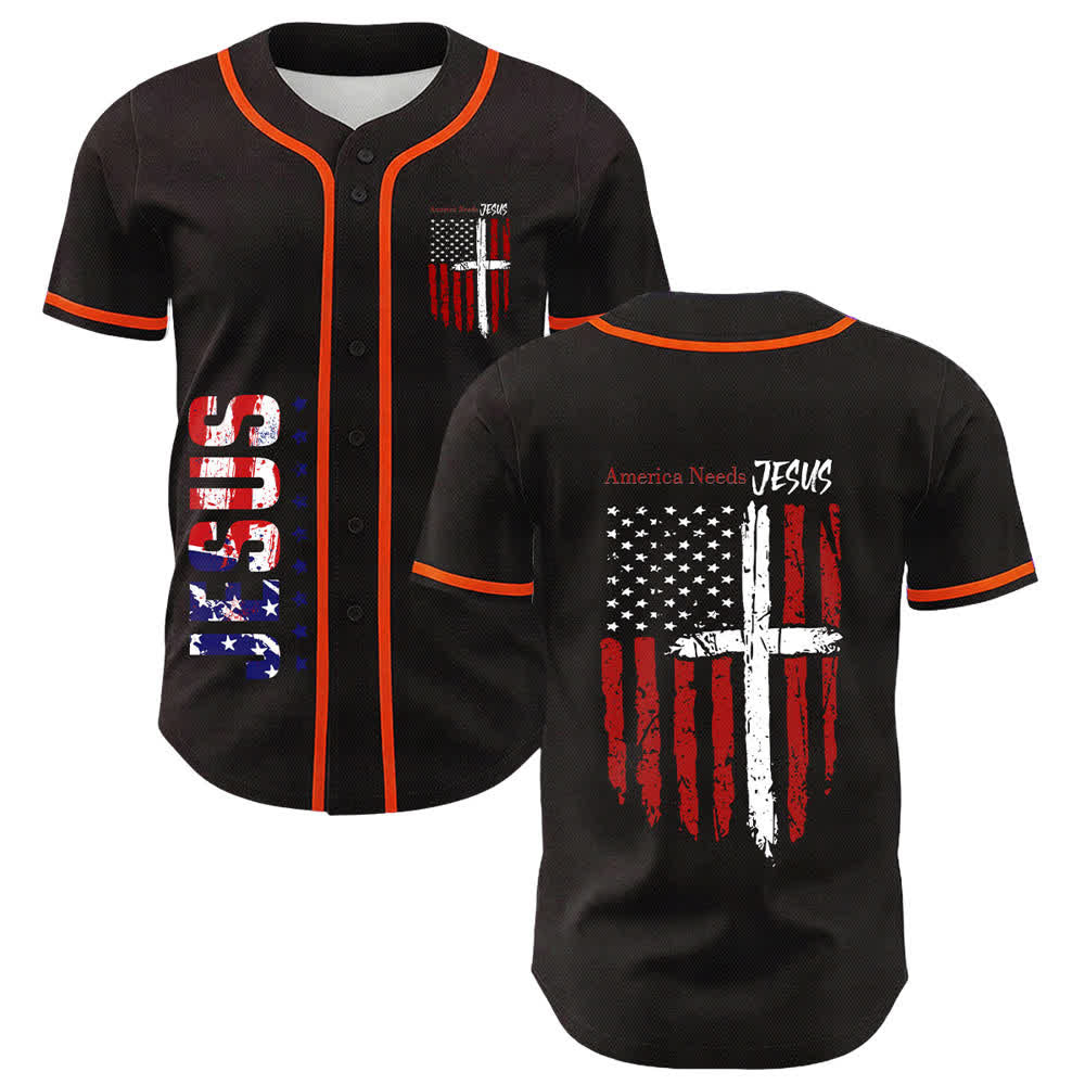 Christianartworkshop Camiseta de béisbol con botones y bandera desgastada "America Needs Jesus" - Naranja - 5XL - image 21