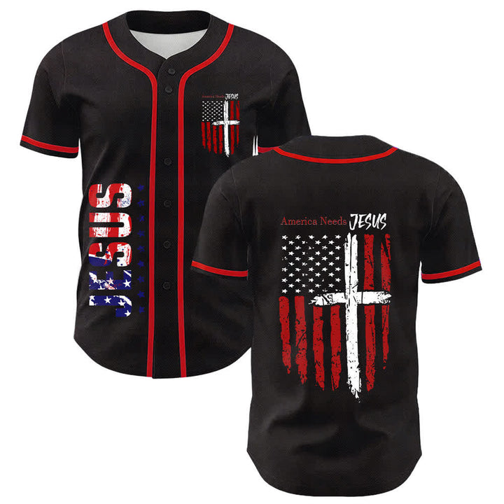 Christianartworkshop Camiseta de béisbol con botones y bandera desgastada "America Needs Jesus" - Rojo - 5XL - image 14