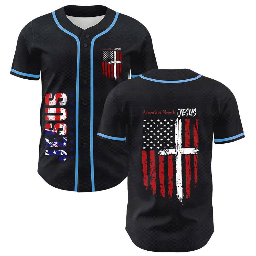 Christianartworkshop Camiseta de béisbol con botones y bandera desgastada "America Needs Jesus" - Azul cielo - 5XL - image 28